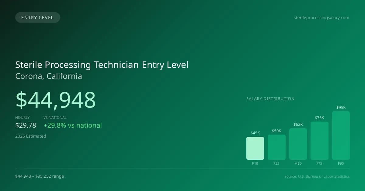 Sterile Processing Technician Entry Level Salary in Corona, CA — 2026 est., based on 2025 BLS